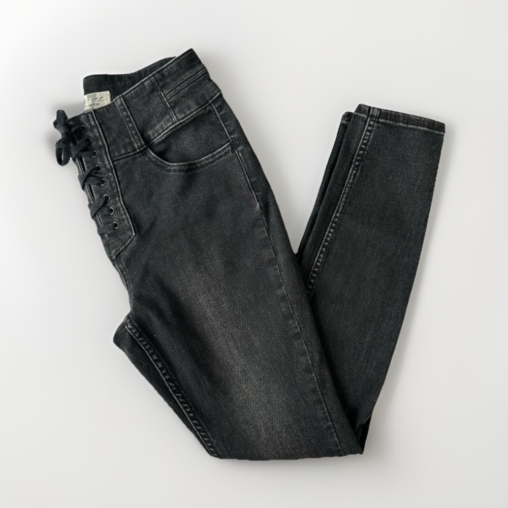 Free People High Waisted Skinny Jean Black Distressed Lace Up‎ Front Size 27